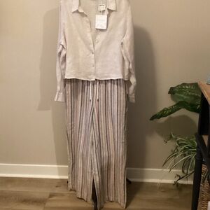 Time tru Striped Wide Leg line rayon pants pockets top linen buttons down set